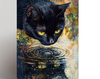 Cat birthday card, Cat owner card, Cat lover card, Black cat card, Pet cat, Reflection