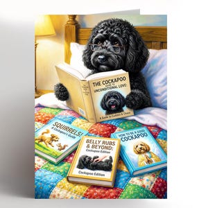 May include: A greeting card illustration featuring a black curly-haired dog wearing glasses, reading a book titled The Cockapoo Guide to Unconditional Love. Three other books titled Squirrels, Belly Rubs & Beyond, and How to Be a Good Cockapoo lie nearby.
