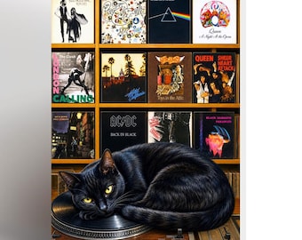 Black Cat Music Lover Birthday Card, Vinyl Record Cat Card, Rock Music Greeting Card, Retro Record Store Cat Art, Funny Cat Lover Card