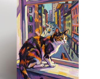 Colourful Cat Art Card Calico Cat Window City Cat Lover Gift Artistic Cat Greeting Card Unique Pet Art Card