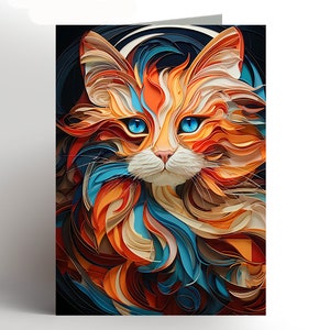May include: A colourful, abstract illustration of a cat's face. The cat's fur is made up of swirling, layered shapes in shades of orange, blue, and white. The cat has bright blue eyes.