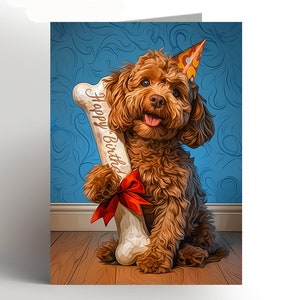 May include: A brown and white dog wearing a birthday hat holds a bone that says "Happy Birthday".
