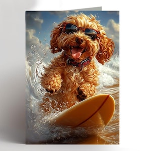 May include: A brown and white dog wearing sunglasses is riding a surfboard in the ocean. The dog is smiling and has its tongue sticking out. The water is splashing around the dog and surfboard.