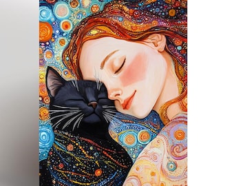 Black Cat Greeting Card – Cat Lover Art Card – Woman & Cat Illustration – Cat Mum Gift – Blank Inside – 7x5