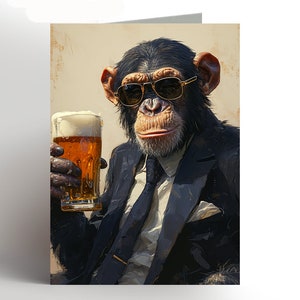 Chimp card Chimpanzee Greeting Card Chimp Card Monkey Birthday Card ape animal Beer  Illustrated Gift card for her him