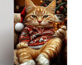 Cat xmas card, Ginger Cat,  Cat lover card, Funny, Santa , Comical
