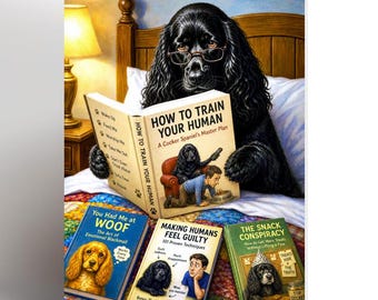 Funny Black Cocker Spaniel Reading Card, Dog Lover Birthday Card, Book Lover Gift, Cute Dog Glasses Card, Humorous Pet Card, Blank Inside