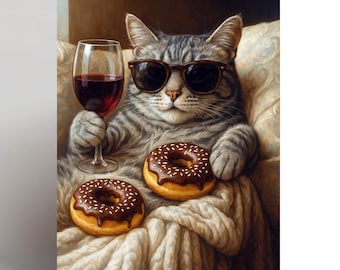 Cat birthday card, Tabby Cat, Cat lover card, Funny, Wine, Comical