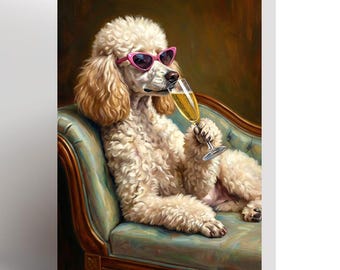 Poodle birthday card. funny card, dog, pet, champagne
