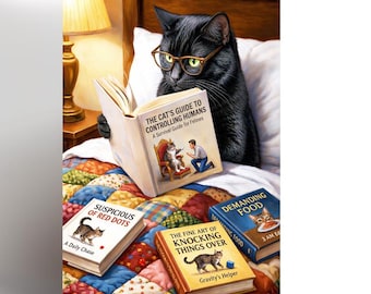 Funny Black Cat Reading Book Card – Cat Lover Birthday Card – Cat With Glasses Card – Cute Humorous Cat Card – Cat Mum Gift UK