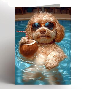 May include: A greeting card illustration of a dog in a swimming pool, wearing sunglasses and holding a coconut drink with a straw. The dog has light brown fur and a red collar. The water is a bright blue.