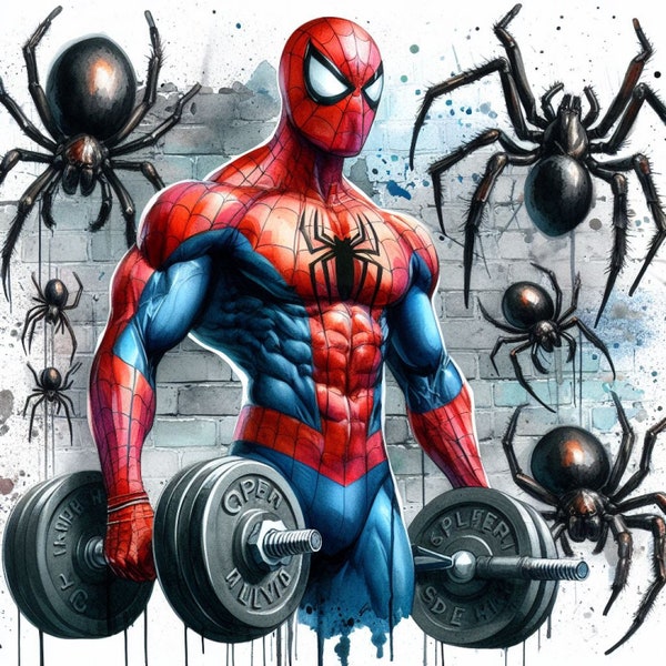 Spiderman power lifting iron pumping weight lifting muscel building 5 Image paint dripping Spiderman