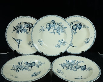 Cinq assiettes creuses terre de fer Sarreguemines modèle Favori en bleu