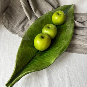 Peut inclure: Un plat de service vert en forme de feuille en céramique contient trois pommes vertes. Le plat a une finition brillante. Les pommes sont rondes et légèrement tachetées. Le fond est blanc et gris.