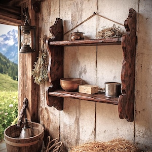 Primitive Antique Alpine Shepherd’s Wall Shelf – Handcrafted Rustic Wood (circa 1850–1900)
