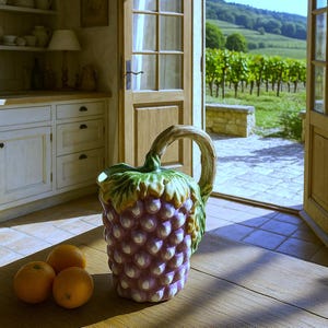 Peut inclure: Une cruche en céramique en forme de grappe de raisin, avec un dessus vert feuillu et une anse incurvée. La cruche est violette et blanche, et repose sur une table en bois avec trois oranges. L'arrière-plan montre une cuisine et une vue sur un vignoble.