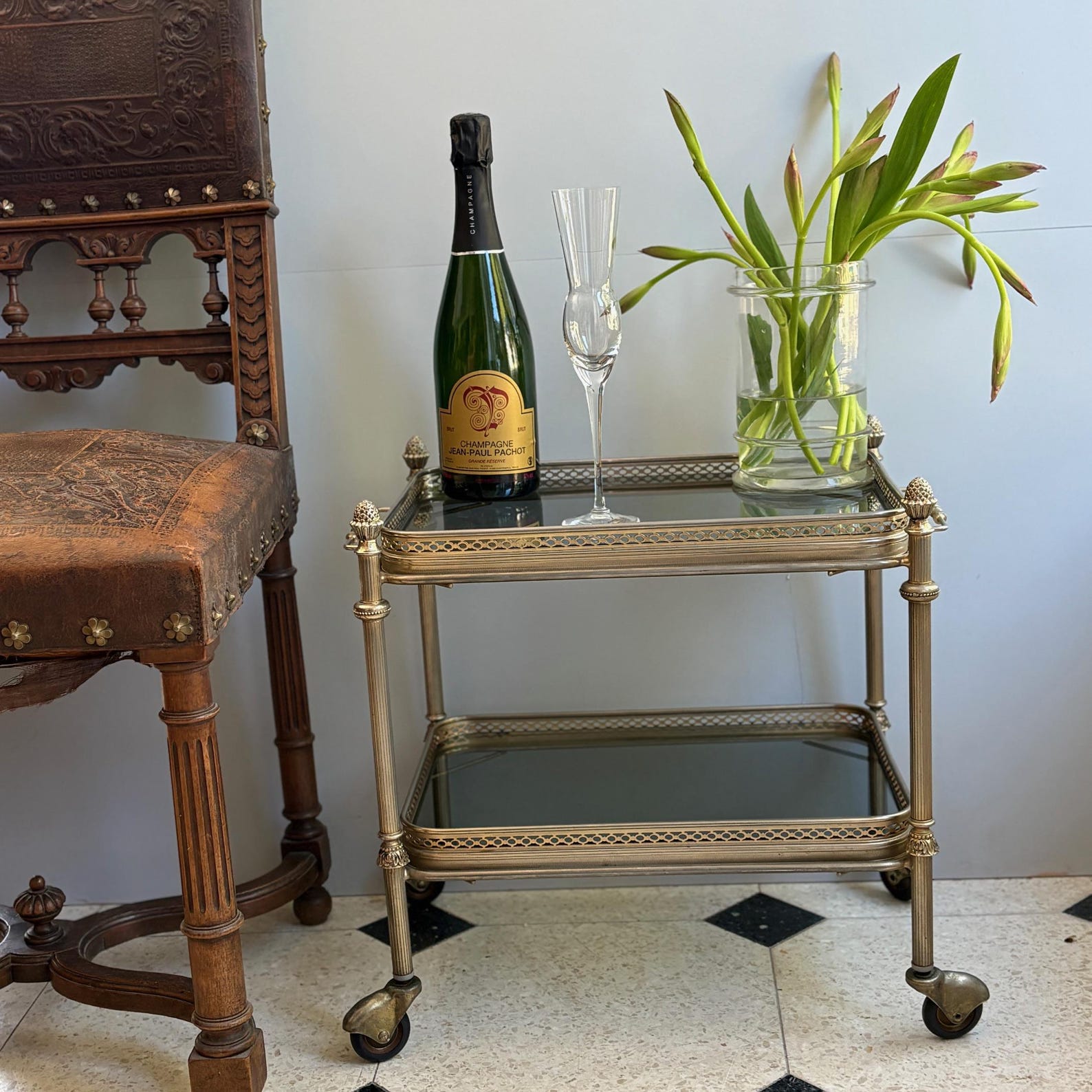 French Vintage Gilded Metal & Smoked Glass Bar Cart, Two-Tier Drinks Trolley, Hollywood Regency Style, 1970s