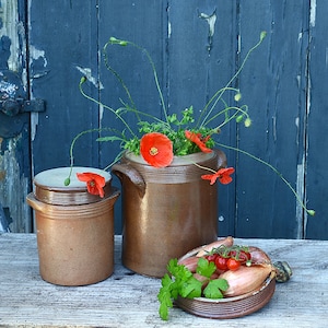 Op de afbeelding: Twee bruine keramische kruiken met deksels, een groter dan de andere, gevuld met rode klaprozen en groen blad. Een kleinere kruik bevat rode uien en tomaten.