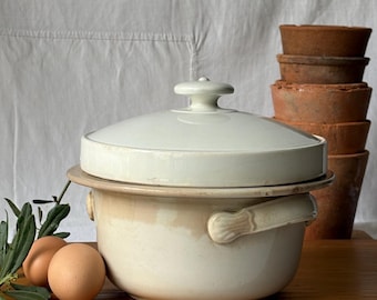 Antique French Gien White Ironstone Casserole Pot - Rustic Farmhouse Lidded Gratin Dish - 1875–1900/ 44 oz.