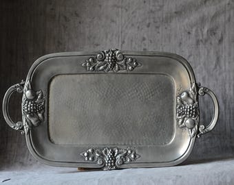 Antique hammered tinplate serving tray – 92% pure, lead-free – fruit & vine decoration 1950-1970