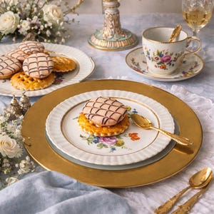 Peut inclure: Une table élégante avec une assiette dorée, une assiette blanche ornée de motifs floraux et un biscuit garni de glaçage rose et d'un quadrillage au chocolat. Une tasse et une soucoupe à motifs floraux et une cuillère dorée sont également présentes.