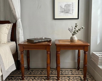 Pair of Louis XVI Style Cherry Wood and Cane Nightstands / Side Tables (Second Half of the 20th Century)Timeless French Chateau Elegance OBO