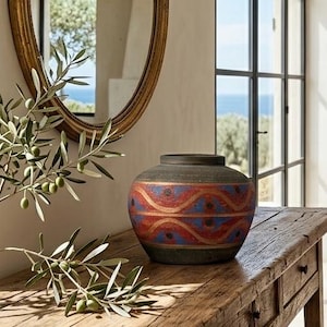 Peut inclure: Un vase décoratif en céramique avec une base et un bord sombres, orné d'un motif vibrant de lignes ondulées rouges et bleues. Le vase est posé sur une table en bois rustique. Un miroir doré et des branches d'olivier sont en arrière-plan.