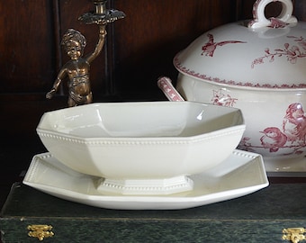 Antique Octagonal Sauce Boat Montereau Ivory Beads