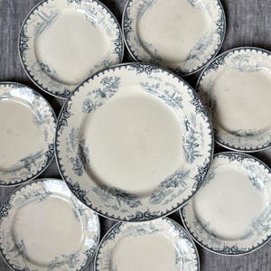 Peut inclure: Ensemble d'assiettes anciennes en céramique blanche avec un motif paysager bleu et blanc sur les bords. Les assiettes ont un bord festonné. Disposition circulaire, parfaites pour une table vintage ou pour la décoration.