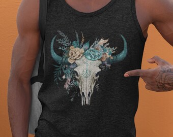 Boho Tank Top, Boho Bull Skull, Regalo para Boho Lover, Boho Tank Top, Western Cow Skull, Boho Floral Cow Skull