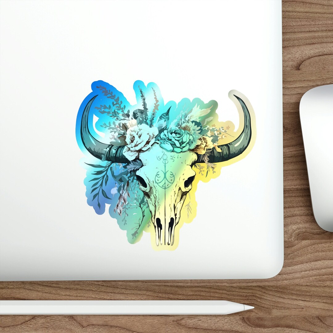 Holographic Boho Bull Skull Sticker, Boho Gift, Bohemian Sticker ...
