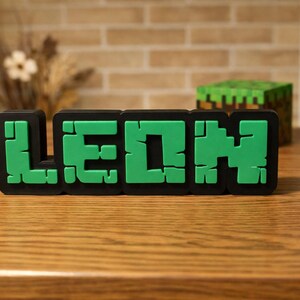 Könnte beinhalten: Ein grünes und schwarzes Blockbuchstabenschild mit der Aufschrift "LEON" in einer pixeligen Schriftart, die an ein Videospiel erinnert. Im Hintergrund befinden sich weitere pixelige Objekte, darunter eine Fackel, ein Grasblock und ein grüner Creeper.