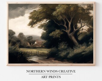 Vintage Inspired Moody Countryside Art Print | Water Color Oil Painting | Country Field Wall Art | Digital Download