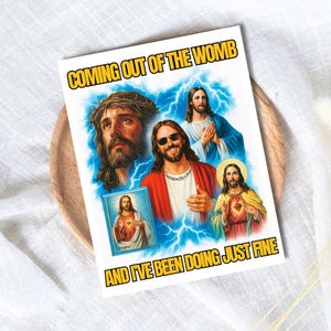 Jezus komt uit de baarmoeder Moederdagkaart, nieuwe moederkaart Moederdag, moeder Moederdagkaarten voor haar, onbeleefde grappige Moederdagkaart