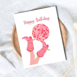 Joyeux anniversaire carte d'anniversaire disco rose cowboy western bottes de cow-girl carte d'anniversaire carte d'anniversaire fille femme petite amie Rootin Tootin