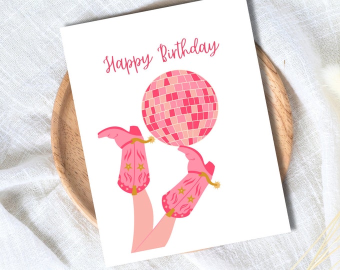 Happy Birthday Pink Disco Birthday Card Cowboy Western Cowgirl Boots Card Birthday Card Daughter Wife Girlfriend Birthday Card Rootin Tootin