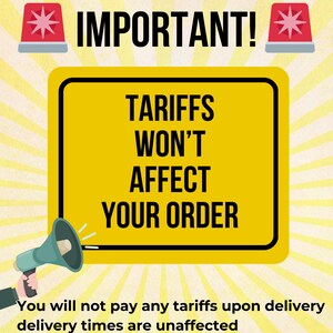 a yellow sign with black text, a megaphone, and a red light, along with a warning message about potential tax increases.