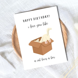 Te amo como un gato ama una caja Tarjeta de felicitación de cumpleaños / Tarjeta de cumpleaños divertida con un juego de palabras con animales / Esposo, esposa, novio, novia, pareja