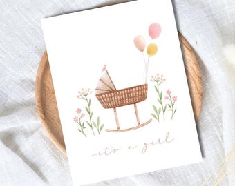 It's A Girl Card: New Baby Watercolor Greeting Card