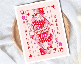 May include: A pink and red birthday card featuring a stylized illustration of a queen playing card. The card has the text "Q BIRTHDAY QUEEN" and the name "Elizabeth" on a banner. The queen is wearing sunglasses.