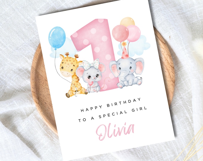 Personalised 1st 2nd 3rd Birthday Card for Girl Daughter Niece Granddaughter Goddaughter Child Kids Personalised with Name First Birthday