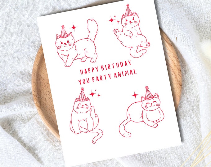 Cat Birthday Happy Birthday Party Animal Birthday Card | Son Daughter Husband Wife Girlfriend Boyfriend Birthday Card Funny Cute Animal Card