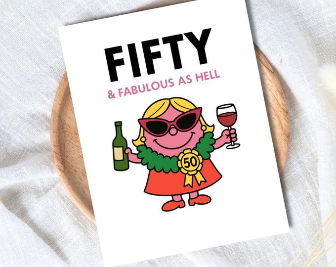 Miss Fifty & Fabulous Funny 50th Birthday Card, milestone birthday card, 50th birthday gift, gift for Women, half a hundred, prosecco card