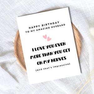 Tarjeta de cumpleaños "Te amo más de lo que me molestas", tarjeta para él, esposo, tarjeta de cumpleaños romántica, linda tarjeta de cumpleaños, cumpleaños de hombre