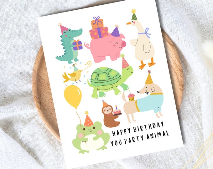 Happy Birthday Party Animal Birthday Card | Son Daughter Husband Wife Girlfriend Boyfriend Birthday Card | Funny Cute Animal Card For Cat