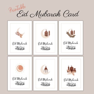 Cartões Eid Mubarak para impressão, cartões islâmicos, download digital, presentes Eid Ramadan, arte islâmica do Ramadã 5x7 pol., A6, conjunto de 6 cartões eid