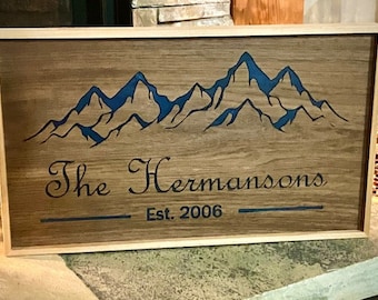 Custom Family Sign | Epoxy Family Name Sign | Wood Family Name Sign | Framed Name Sign | Family Established | Mountain Family Sign