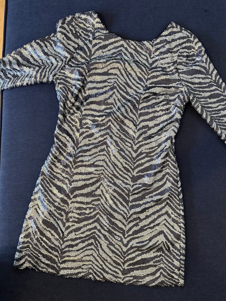 silver and dark grey tiger strip sequin minidress