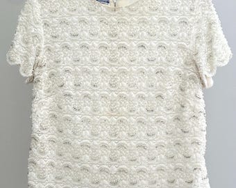 Vintage 1950’s Regalia Imports Hand-Beaded Lace Silk Short-Sleeve Top, Size M