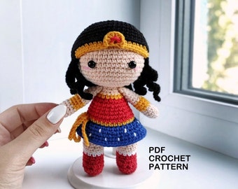 Superhero girl amigurumi pattern. Languages: English, French, German. Photo Tutorial. Crochet pattern, superhero crochet